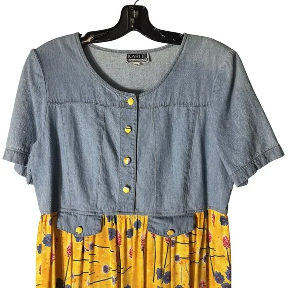 Vintage Karlie Collection Denim & Floral Midi Dress Size 14 Yellow & Blue - Picture 5 of 11